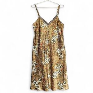 Vintage 90s Satin Paisley Leopard Slip Dress – Sequin Trim Y2K Lingerie Dress